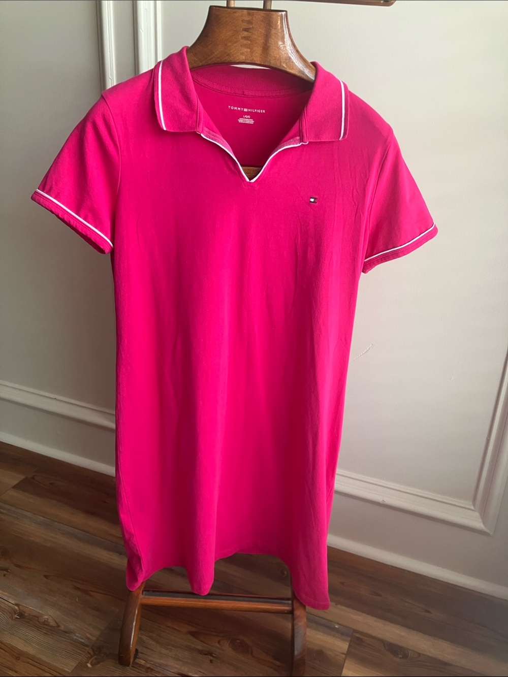 Tommy Hilfiger Hot Pink Polo Shirt Dress with White Trim